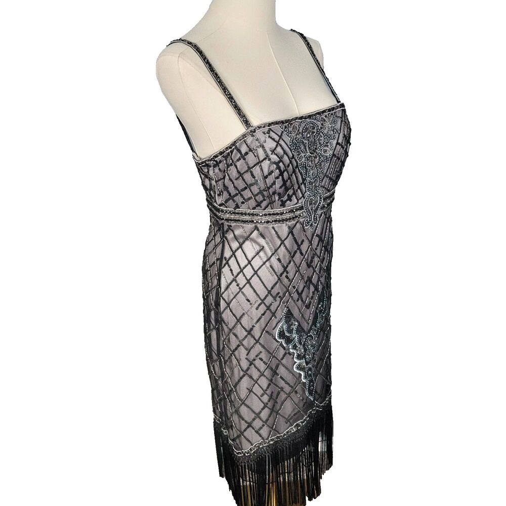 Sue Wong New Size 8/Med Beaded Dress Fringe New Gatsby Hoco Platinum Black - Picture 8 of 17